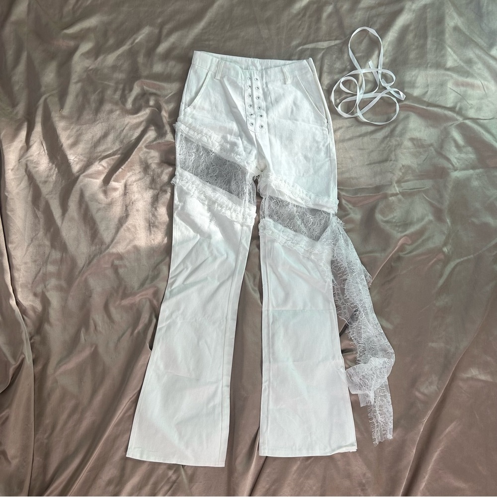 White Lace Slit Flare Jeans